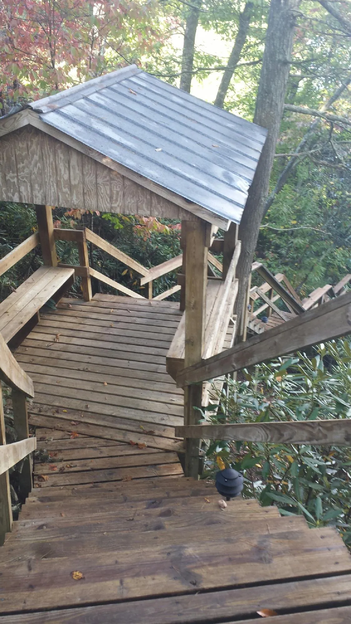 Metal roofed shelter over wooden steps on a wooded walkway — Skylight Repair & Installation work by our crew in Grand Junction